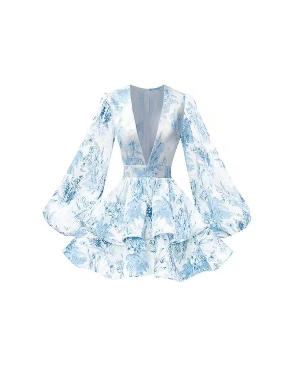 Light Blue Floral V-Neck Ruffle Mini Dress